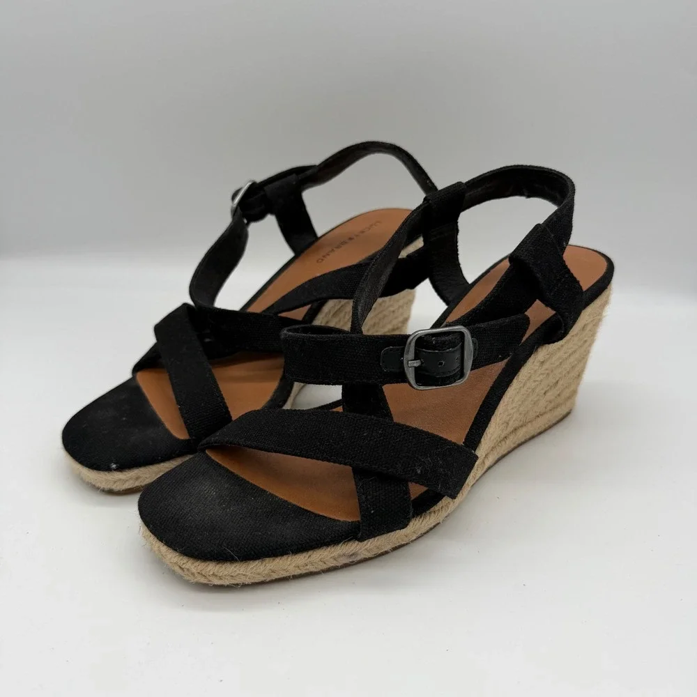 Lucky Brand Mytila Black Canvas Espadrille Wedge Sandals Size 8.5 LK-MYTILA